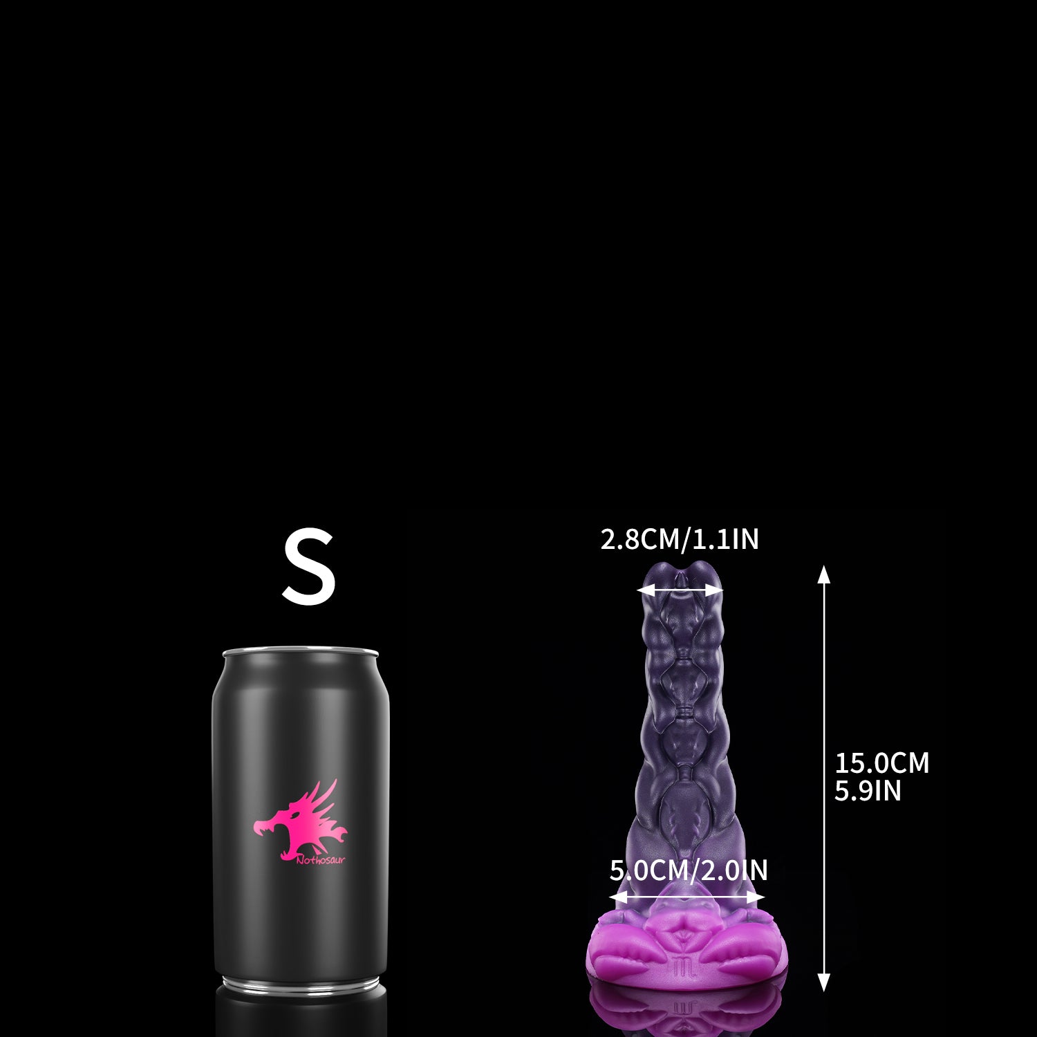 a s size fantasy dildo named scorpio next to a can