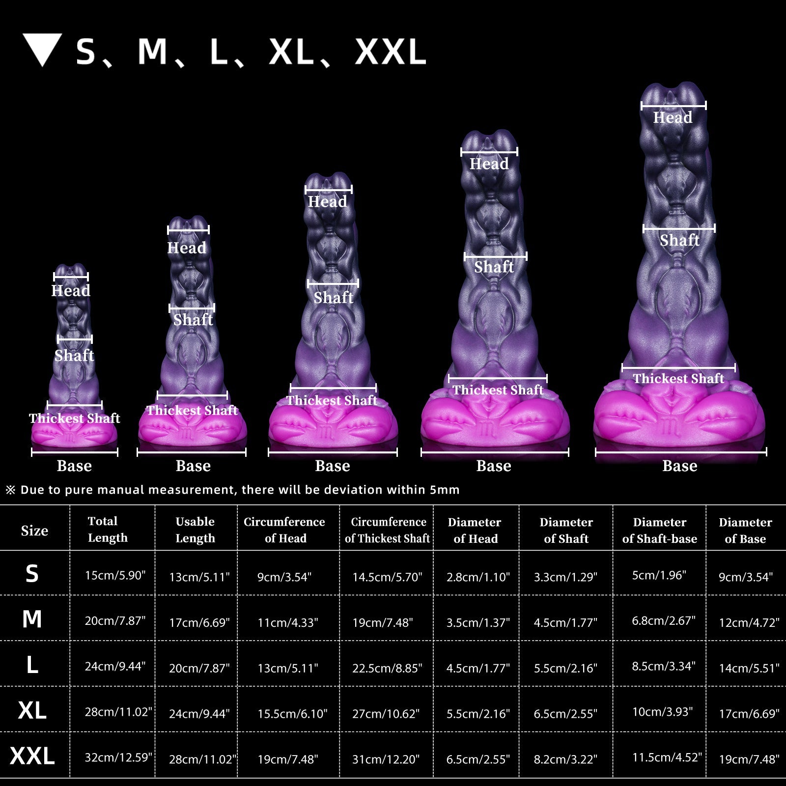 five purple dildos stand in line