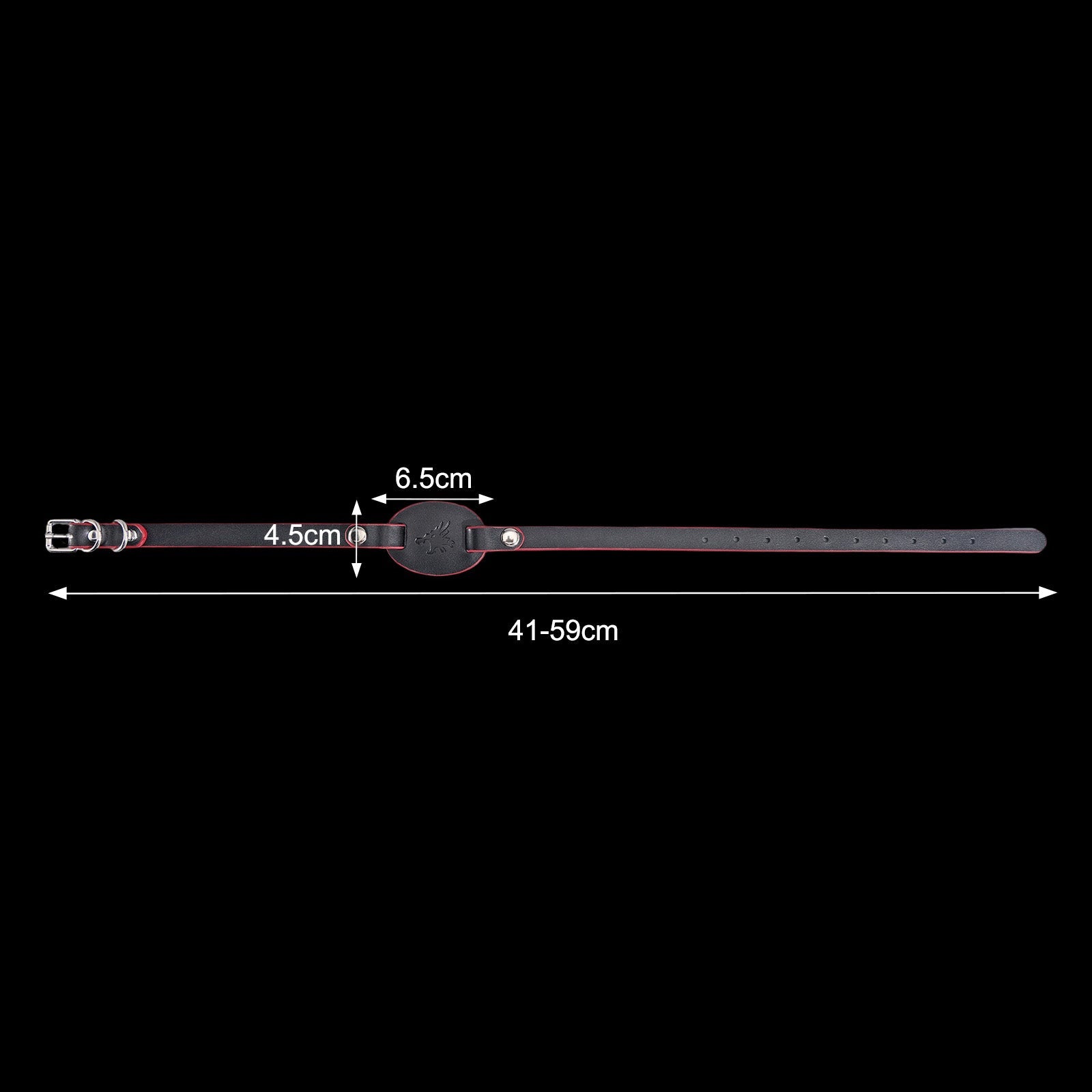  Flared shield base and silver hardware on the bondage mouth gag.